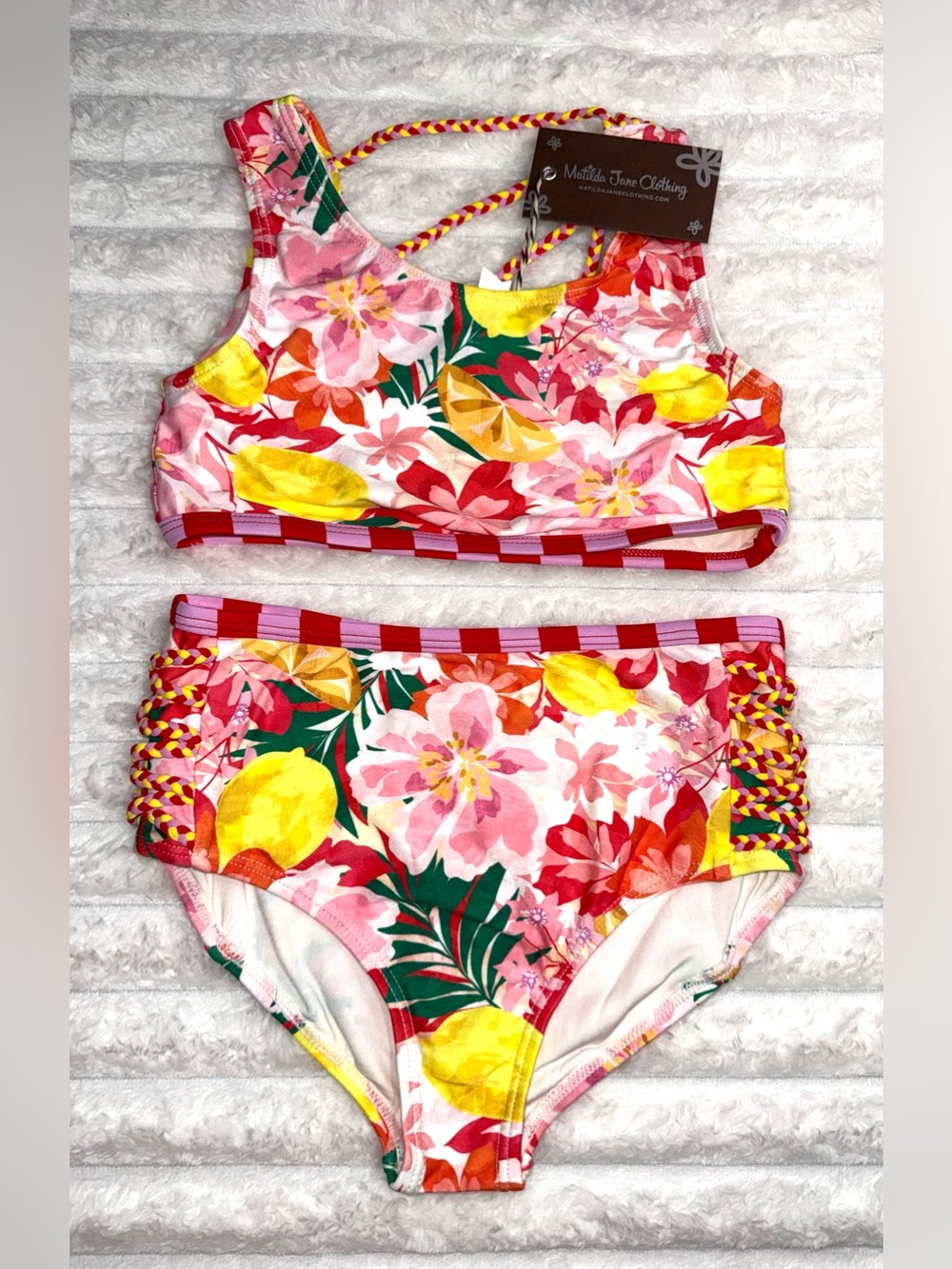 Matilda Jane Luau Two Piece Swimsuit in a Bright Floral/Lemon Print, sz 6, NWT